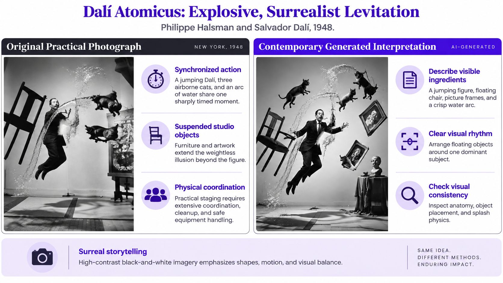 A comparative infographic showing the original Dali Atomicus photograph alongside a modern AI-generated interpretation.