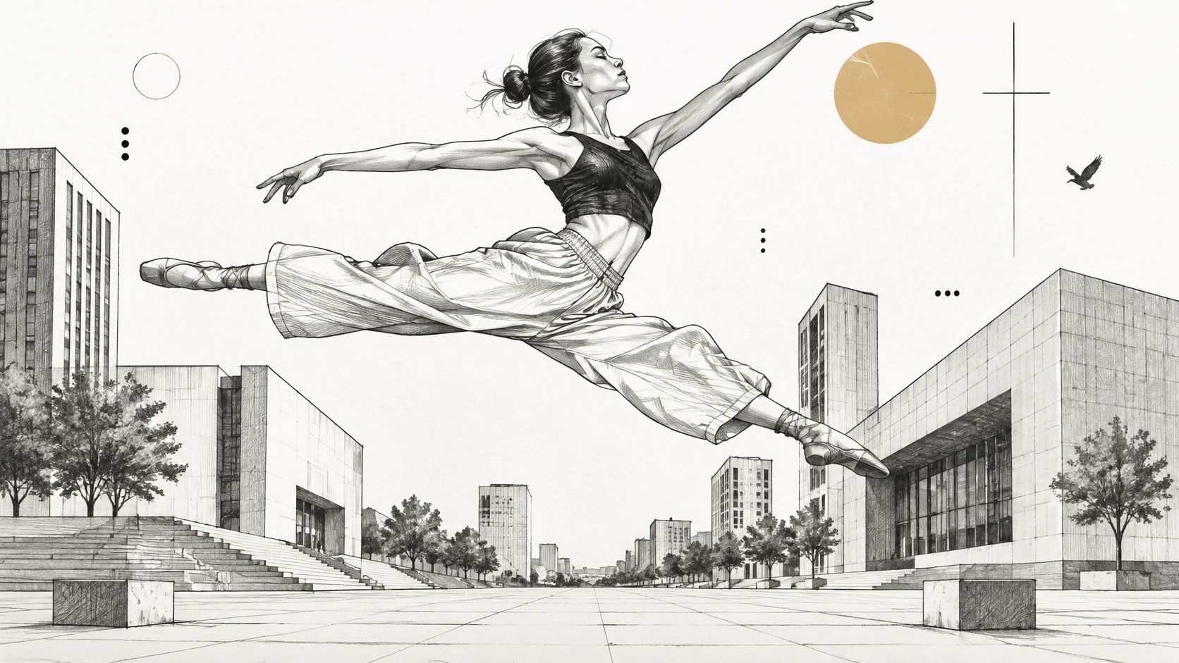 A charcoal sketch of a dancer leaping gracefully in the air above an urban city plaza.