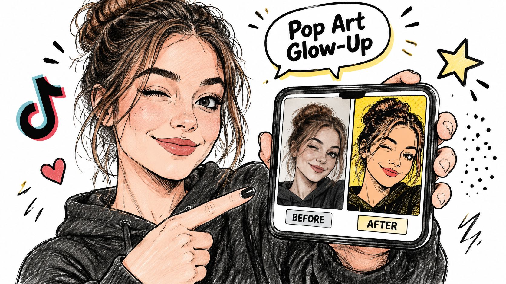 A digital illustration of a girl showing a pop art makeover effect on her tablet screen.