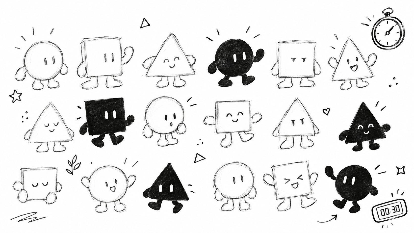 A hand-drawn collection of cute cartoon characters shaped like squares, circles, and triangles on a white background.