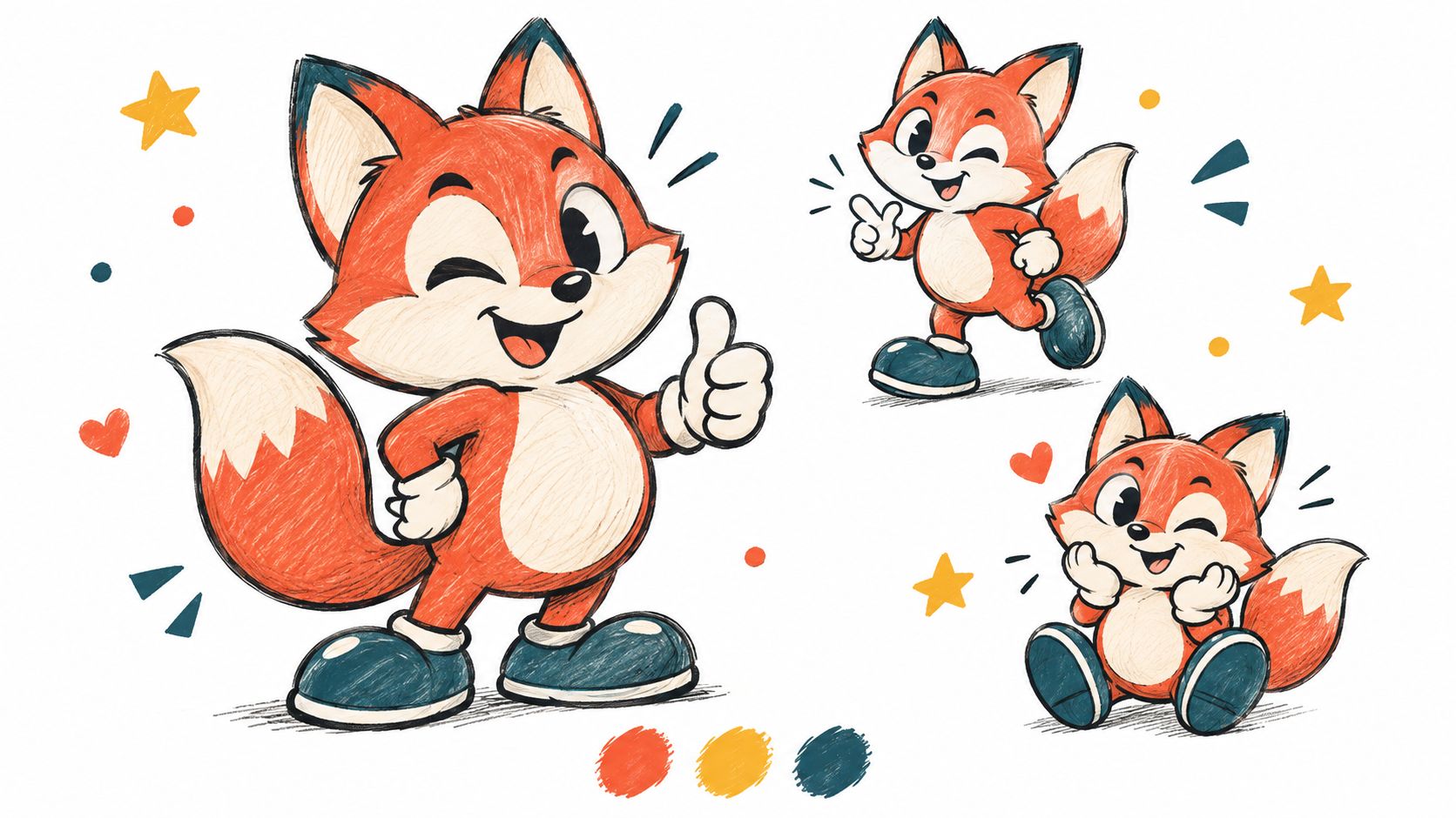 A colorful illustration featuring three playful cartoon foxes in different poses, set against a simple white background.