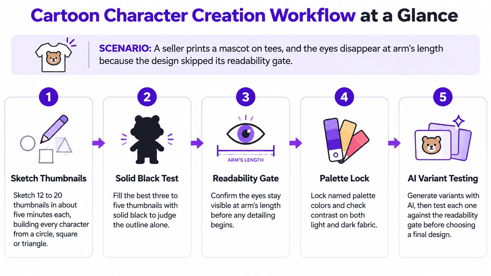 A five-step infographic showing a cartoon character creation workflow for designing clear and readable mascot logos.