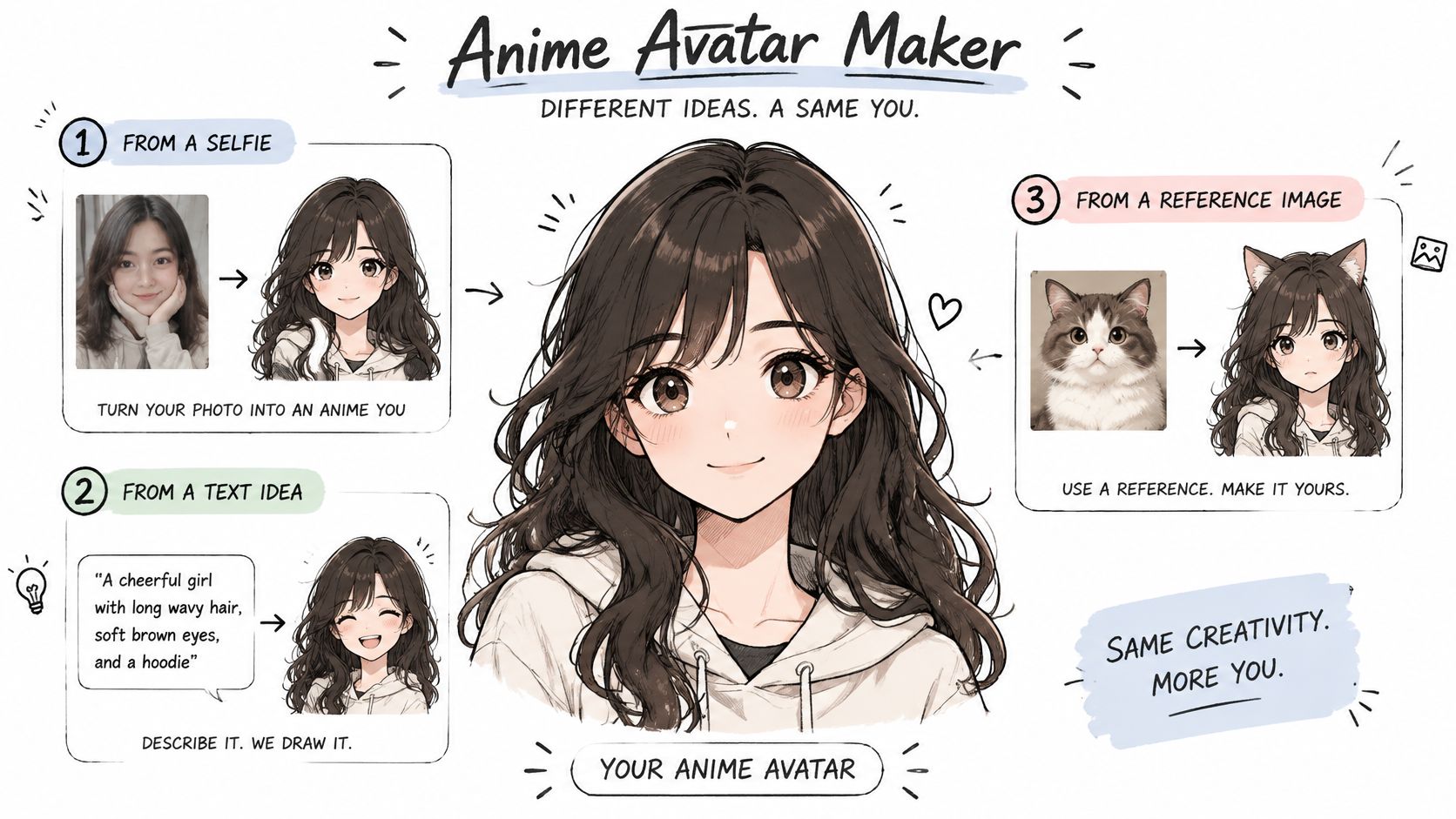 An infographic showing how to create personalized anime avatars from photos, text descriptions, or reference images.