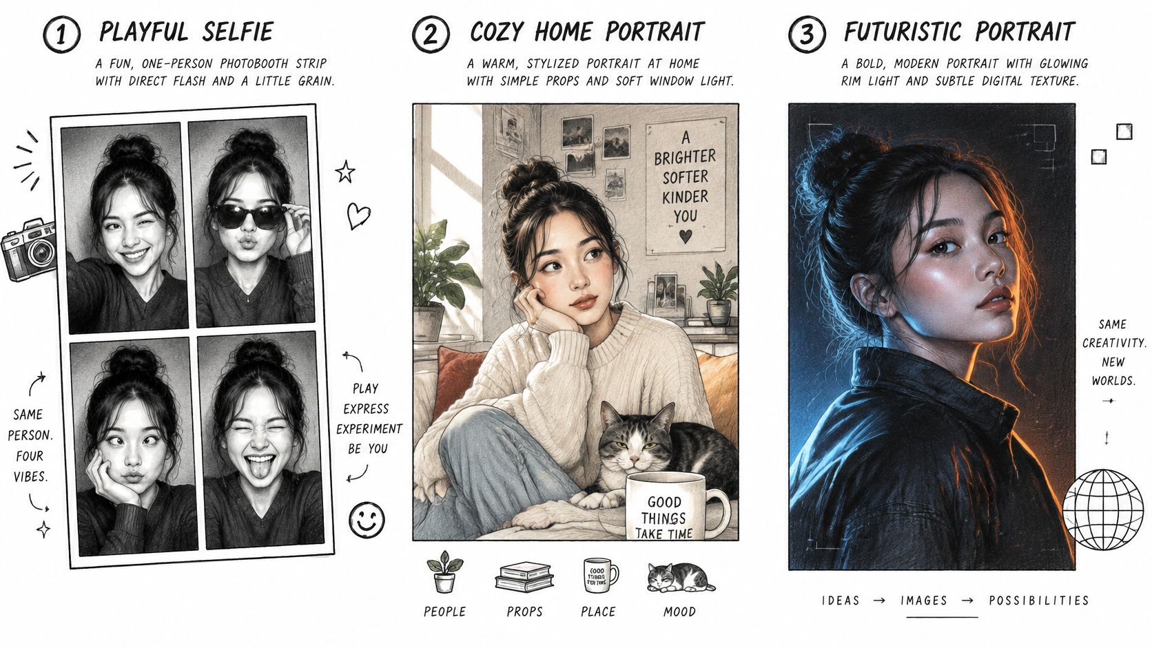 A digital illustration showing three different artistic portrait styles created by text-to-image AI technology for creative inspiration.