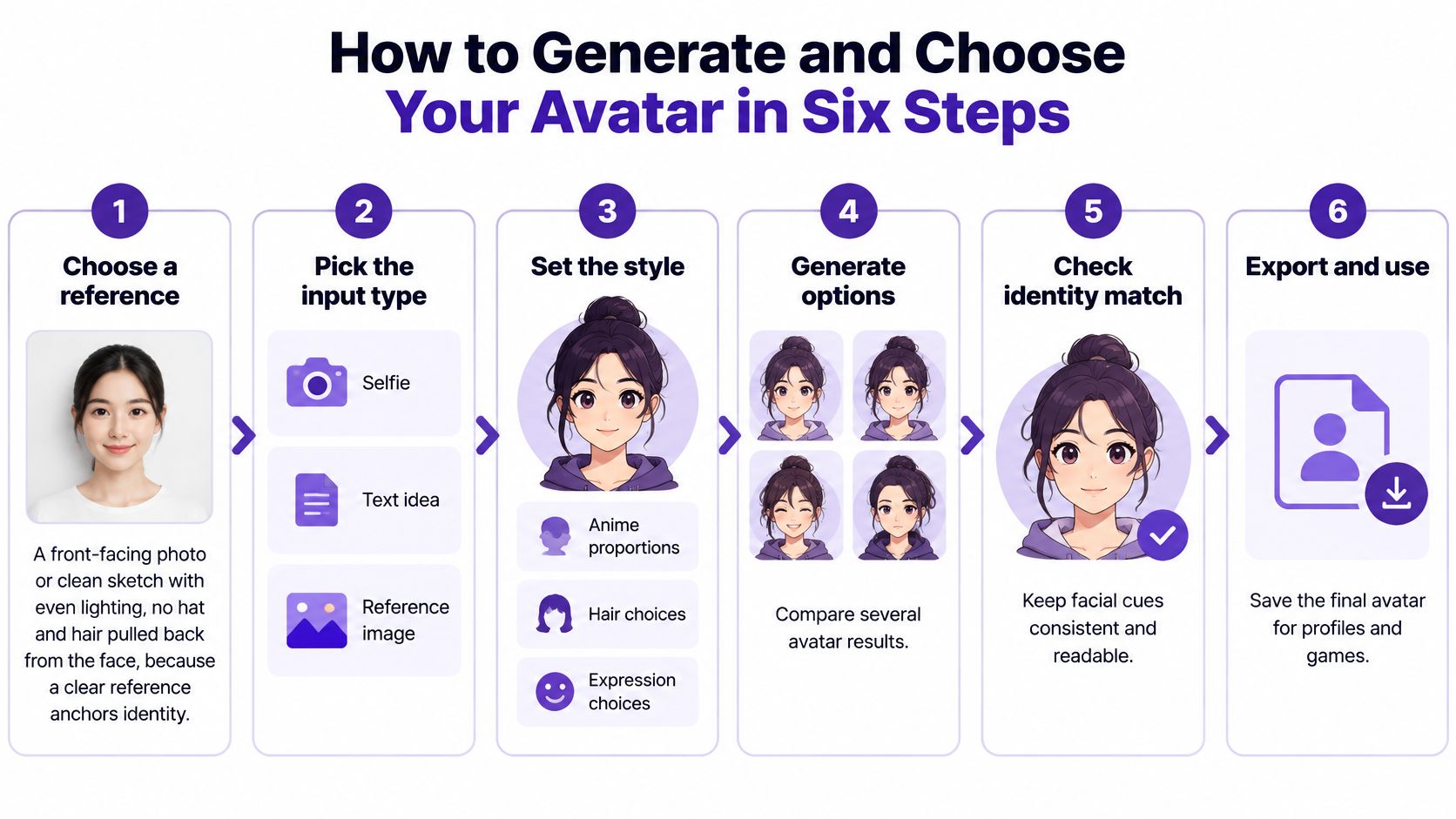 A six-step infographic illustrating how to create and choose a personalized anime style avatar.