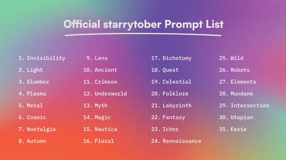 prompt list for starryai's October AI art challenge starrytober
