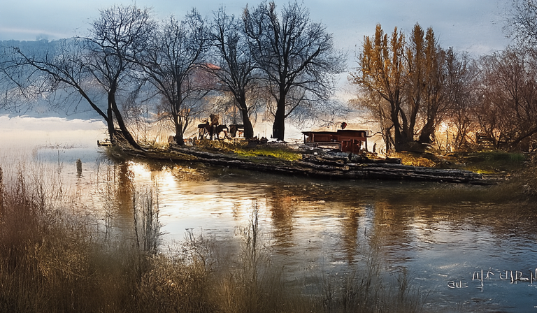 AI Painted Landscape Art of a house by a river