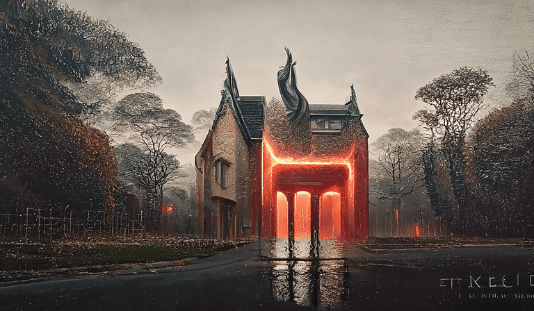 Een AI art creatie van huis in brand in een griezelige omgeving afgebeeld als de hel