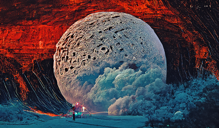 Opera d'arte a tema spaziale generata dall'intelligenza artificiale di una luna coperta di fumo