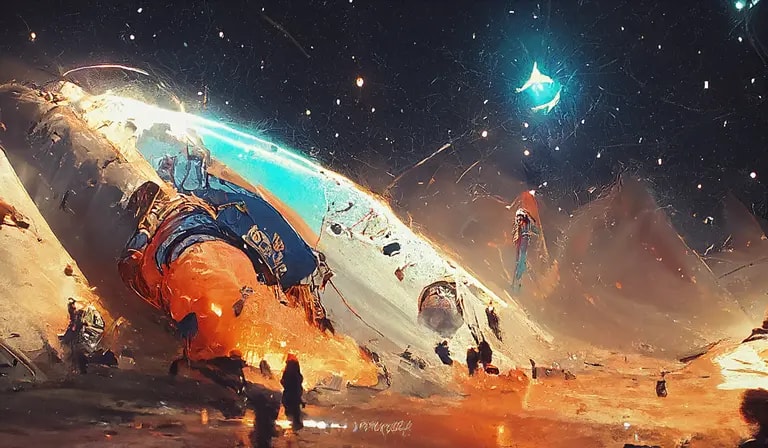 Landscape AI generated space themed artwork of spaceship