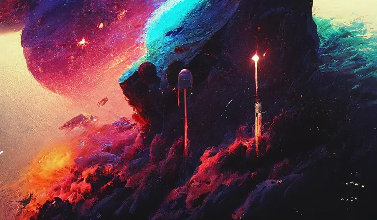 Landscape AI generated space themed artwork of rocket launching into space