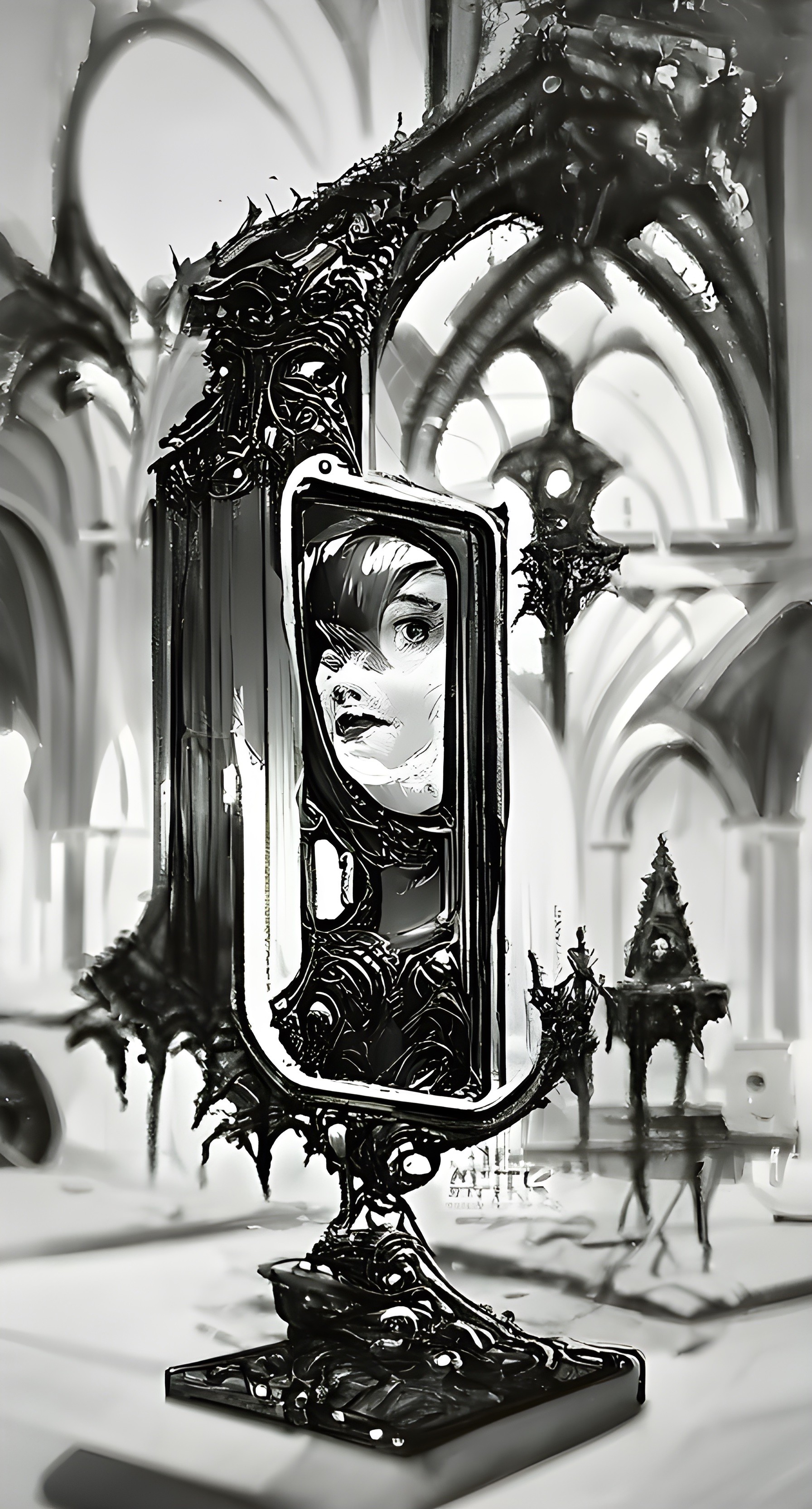 ai generated Illustration en noir et blanc d'une femme se regardant dans le miroir