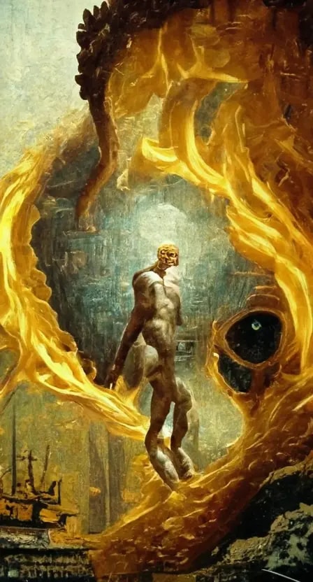 Ai generierte Szene von Prometheus, der das Feuer stiehlt