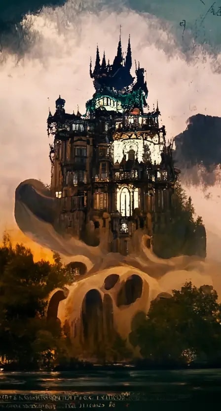 Immagini generate dall'intelligenza artificiale di un castello nella terra dei sogni e degli incubi