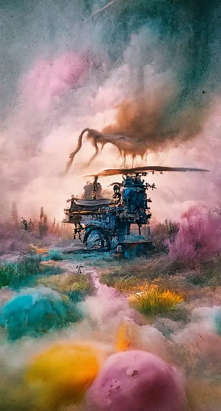 Immagine generata dall'AI di una macchina dei sogni in un paesaggio onirico colorato