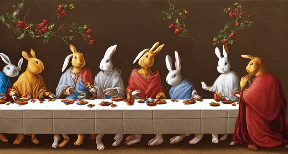 Conejitos de Pascua cenando, generado por starryai
