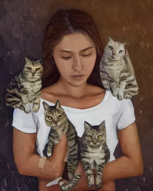 un autoritratto di donna con gatti in braccio