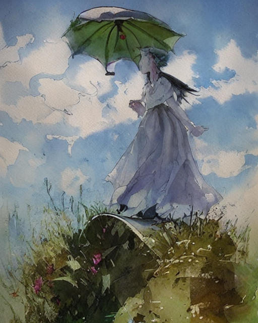 Peinture aquarelle d'une femme tenant un parasol générée via starryai