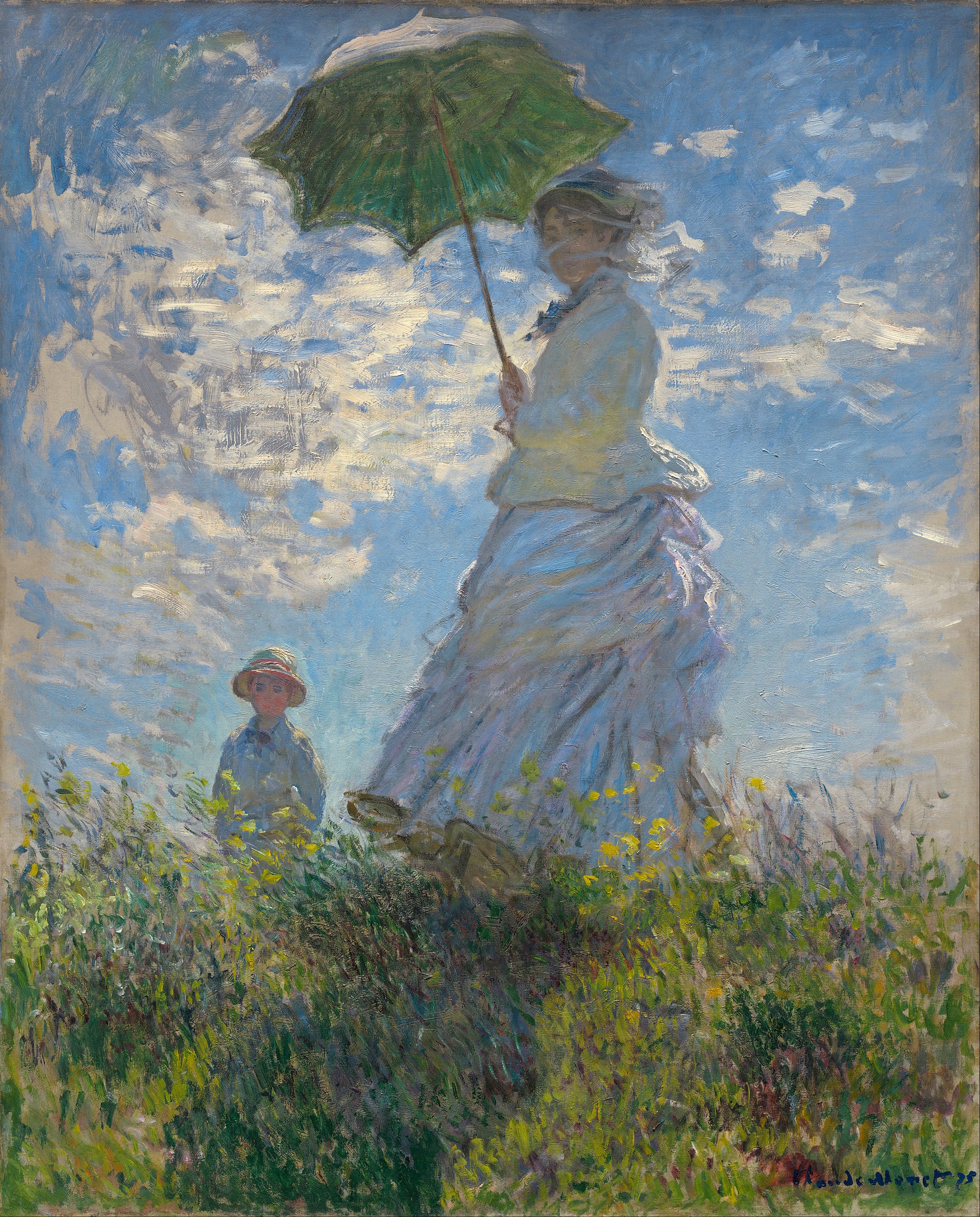 cuadro de Monet de una mujer con un niño que sostiene una sombrilla