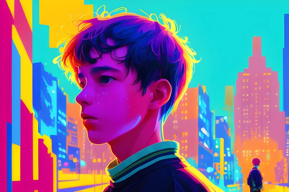  AI-gegenereerde kleurrijke neonafbeelding van jongen in stad