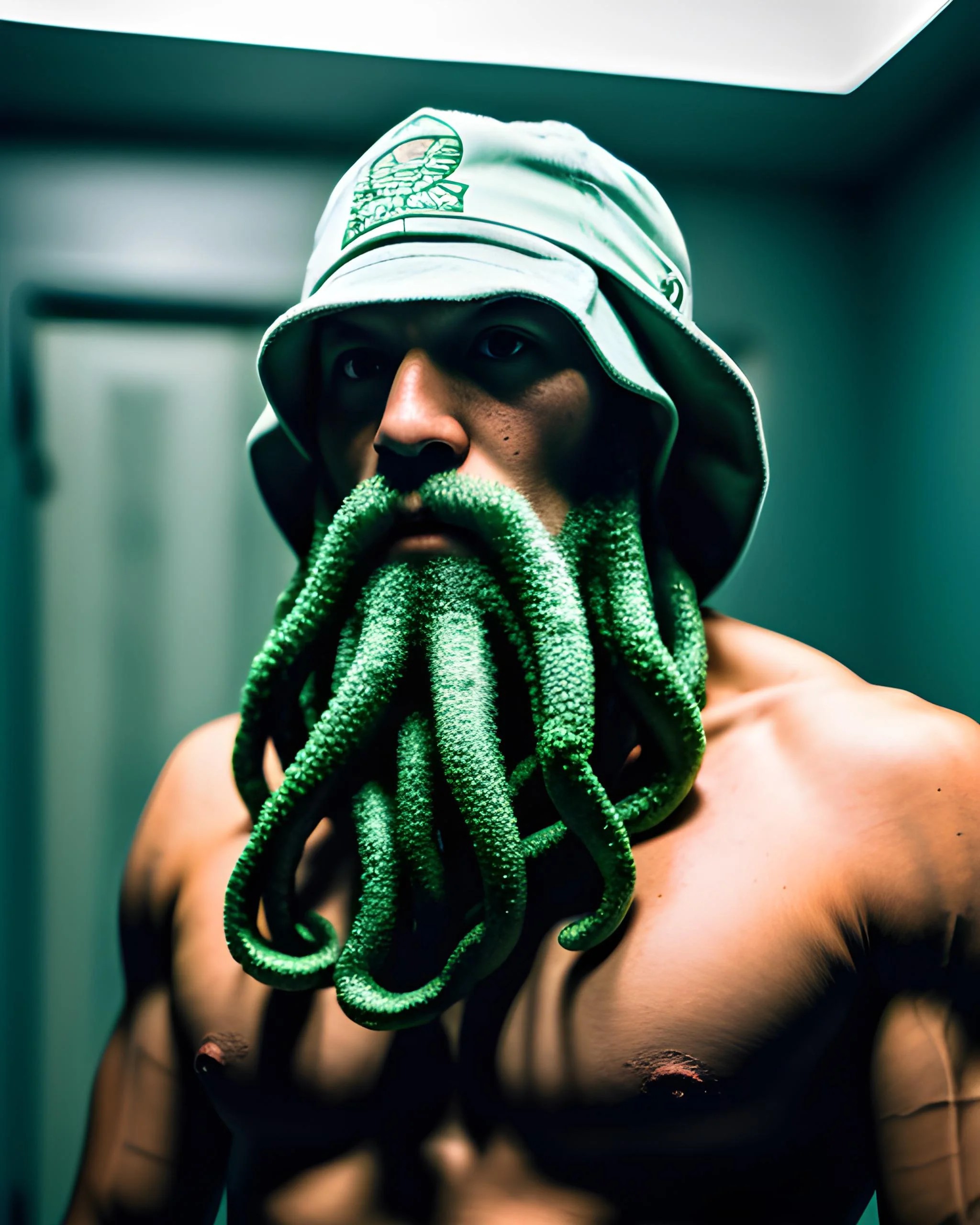 Immagine generata dall'AI di un uomo con tentacoli come barba generata tramite starryai