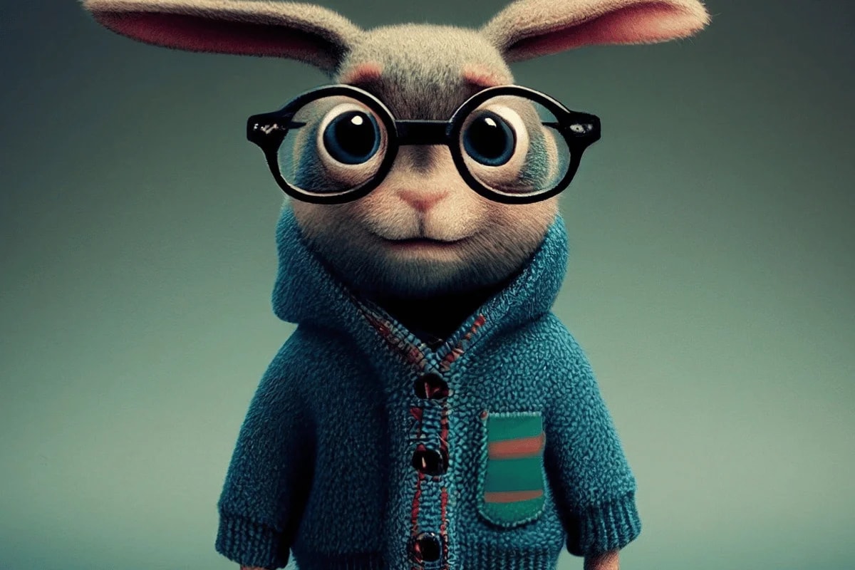 Personaje con sudadera azul y gafas, con orejas de conejo visibles en la parte superior.