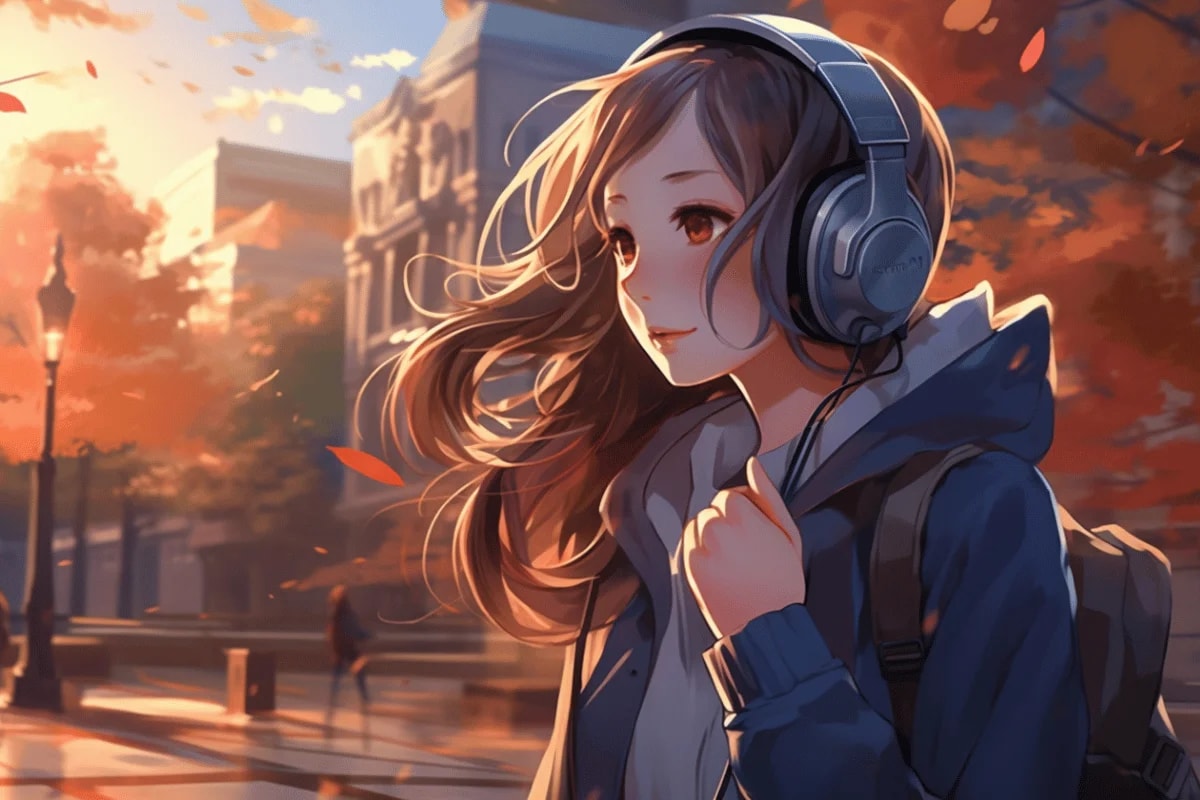 An anime-style girl wearing headphones, enjoying a serene autumn afternoon outdoors.