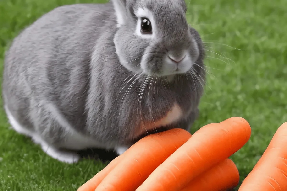 A gray rabbit with fluffy fur next to fresh carrots on green grass.