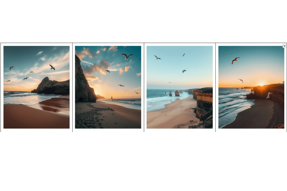 A four-panel panoramic view of a beach at sunset with flying birds and rock formations.