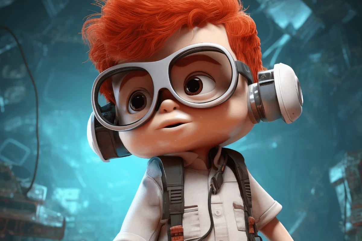 A red-haired animated character with headphones and a futuristic backdrop.