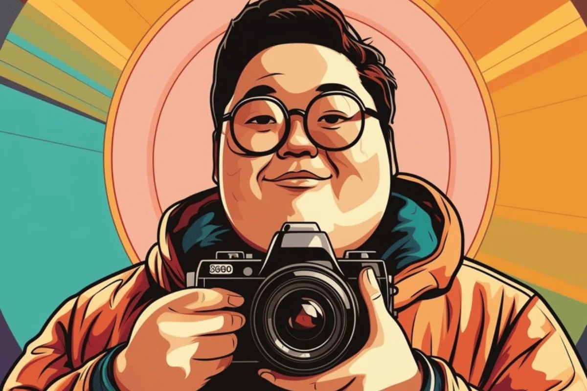 Illustration of a person holding a camera, set against a colorful background.