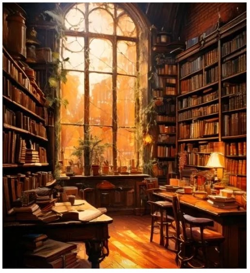 Cozy library with books, desk, lamp, and autumn trees visible outside the window.