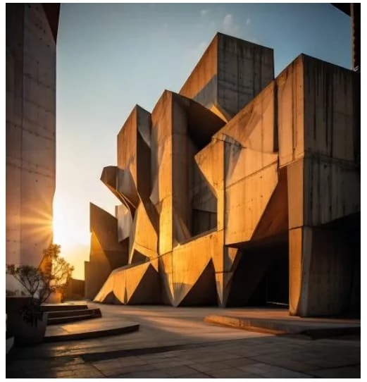 Sunset casting shadows on a brutalist concrete building with angular shapes.