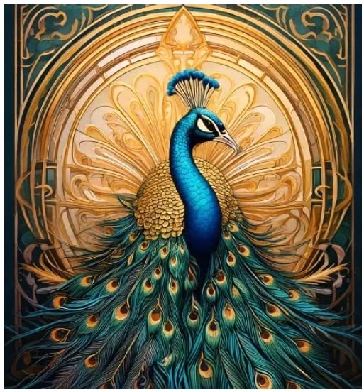 Illustration of a peacock with vibrant feathers against an ornate golden backdrop.