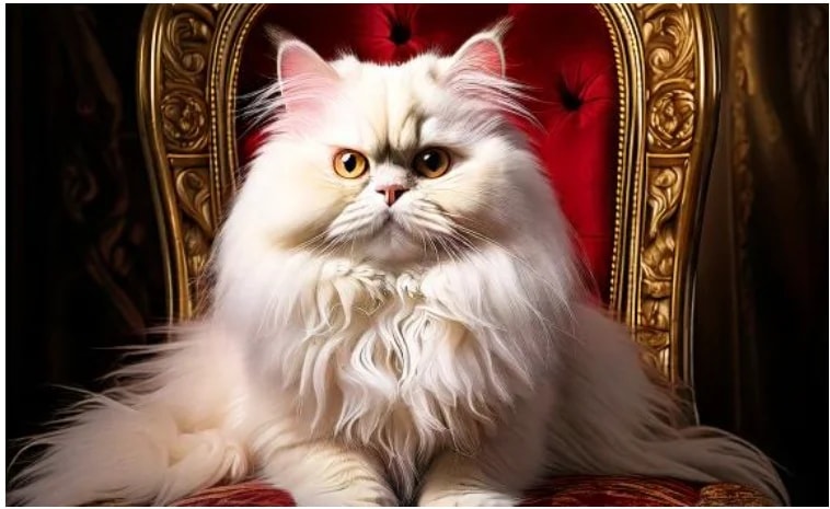 A fluffy white Persian cat sitting majestically on a red and gold ornate chair.