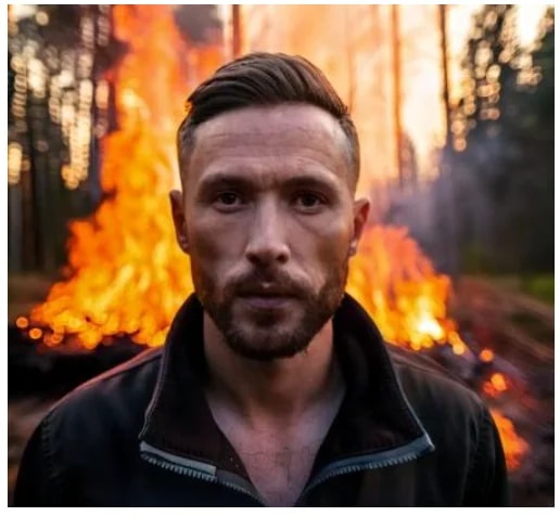 A person stands in front of a raging forest fire, dressed in a black jacket.