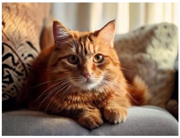 Orange tabby cat with a focused gaze, resting on a grey couch cushion.