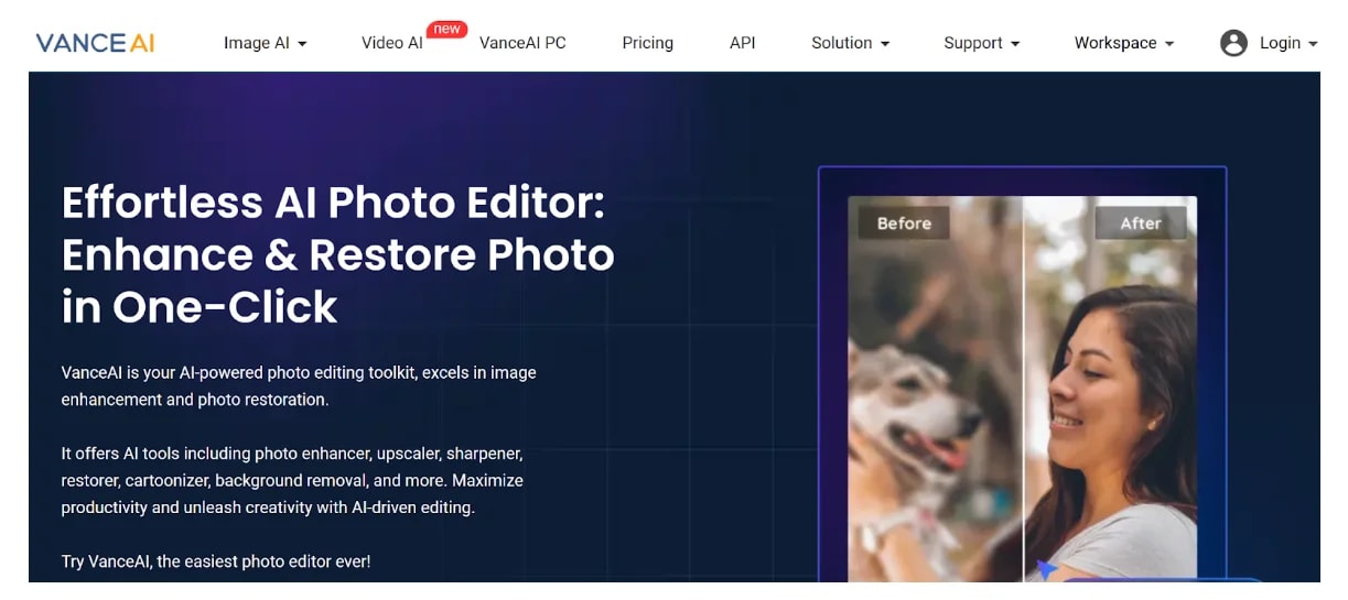 Schermata del sito web dello strumento di editing fotografico VanceAI con un confronto tra il prima e il dopo del miglioramento della foto.