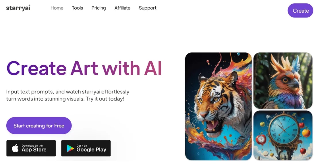 Website banner for 'starryai' with a slogan "Create Art with AI" showcasing artistic AI-generated images of a tiger, an owl, and clocks.