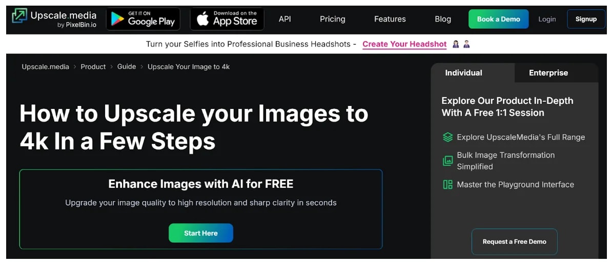 Webpage screenshot promoting "Upscale your Images to 4k" with a Start Here button and image enhancement service details.