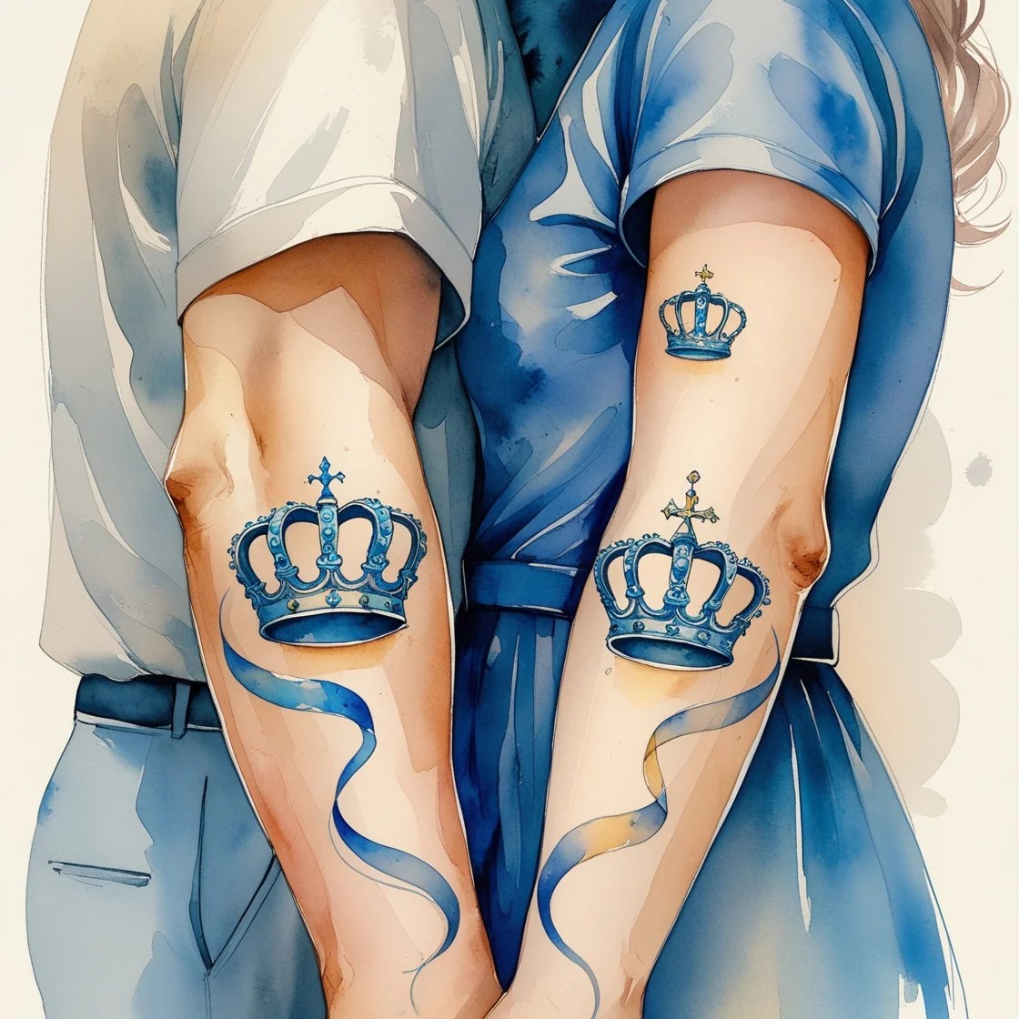 King and queen crown symbols couple matching tattoos on the arm.