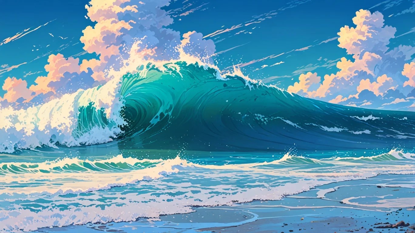 A vibrant, stylized wave curls over the ocean, surrounded by soft clouds and a bright blue sky, capturing the beauty of nature.