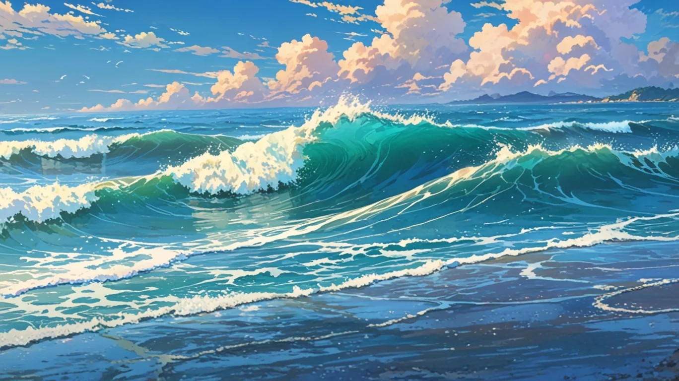 A vibrant seascape depicting turquoise waves crashing against the shore under a blue sky dotted with fluffy clouds.