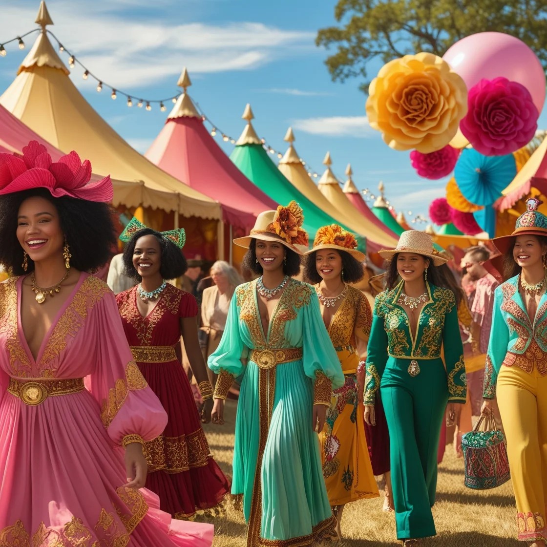 A group of elegantly dressed women in vibrant gowns with gold embroidery walking through a colorful festival with tents and decorations.