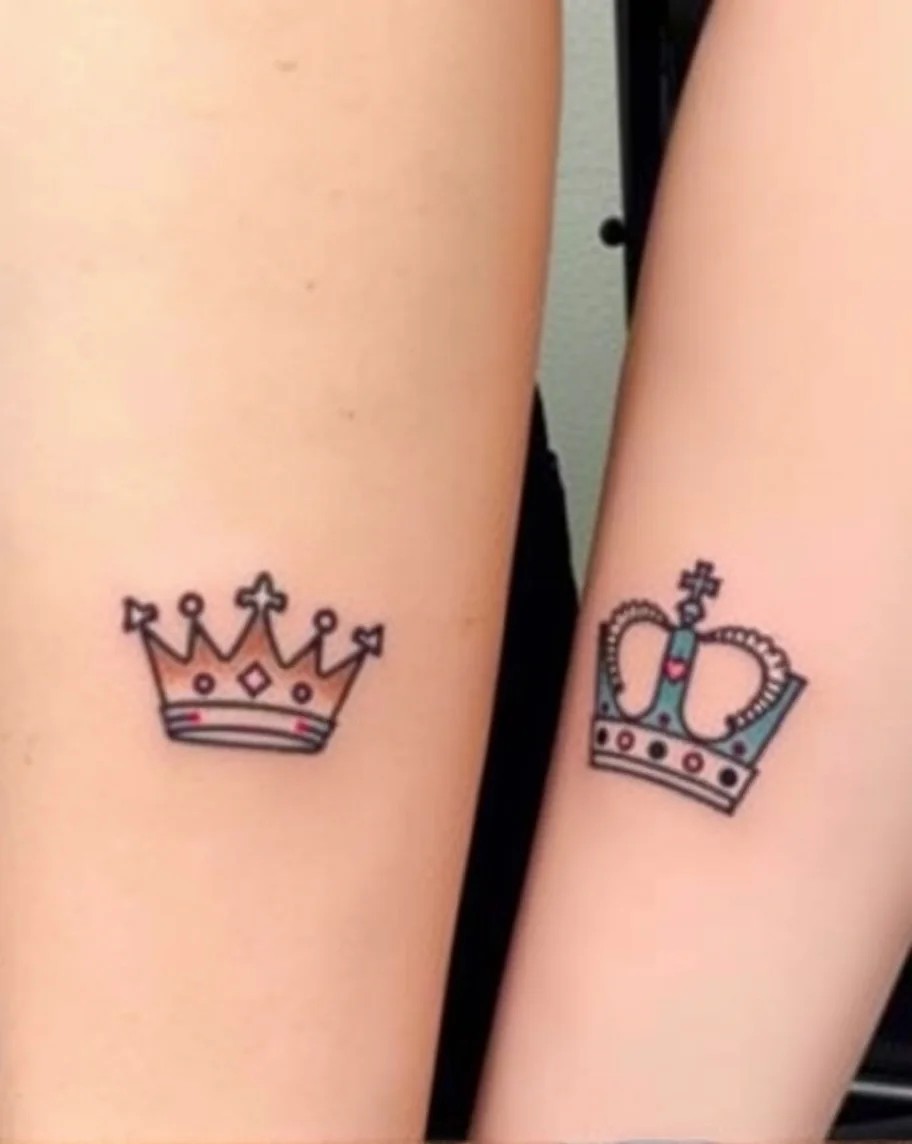 Two matching crown tattoos on the inner forearms of a pair of individuals, symbolizing unity, royalty, or a special bond.