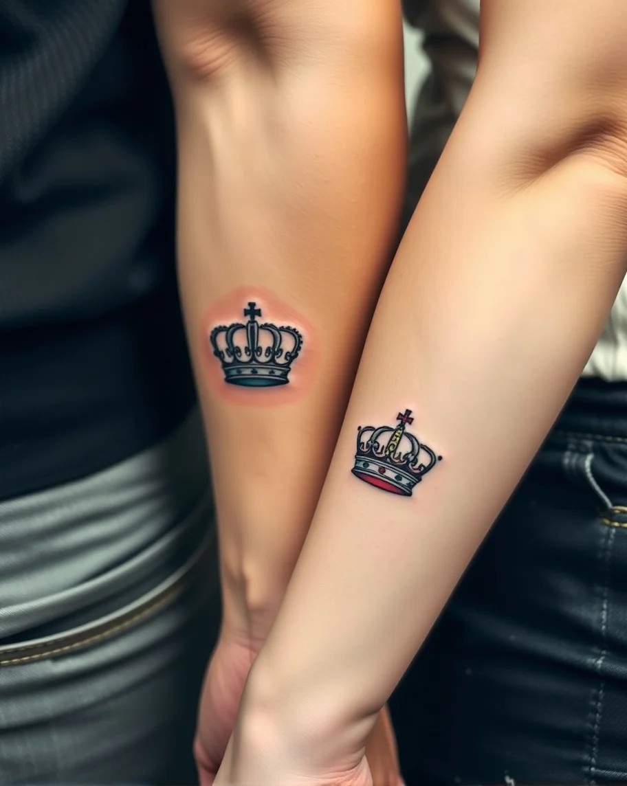 Close-up of two forearms with freshly inked crown tattoos, representing a meaningful connection between the wearers.