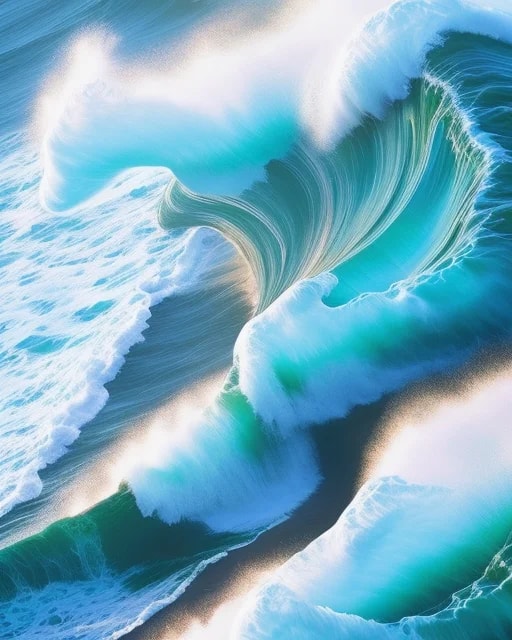 A powerful turquoise ocean wave curling dramatically, forming a tunnel with white frothy foam against a deep blue sea.