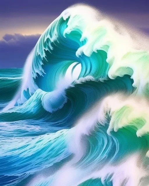 Stunning artistic depiction of a giant wave crashing, featuring vivid blue and green hues with soft white foam.