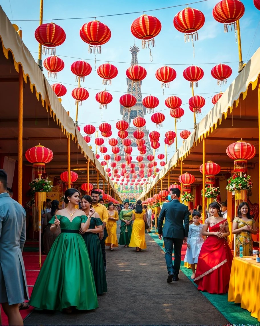 A vibrant cultural festival with people walking through a marketplace lined with colorful tents and hanging lanterns.