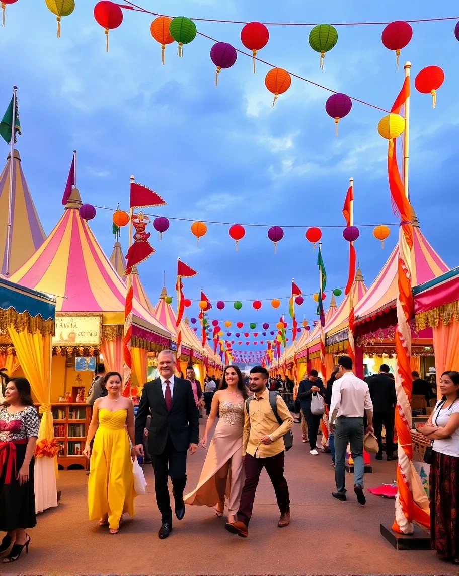 A lively outdoor event featuring elegant guests strolling under lantern-lit pathways with pink and gold tents.